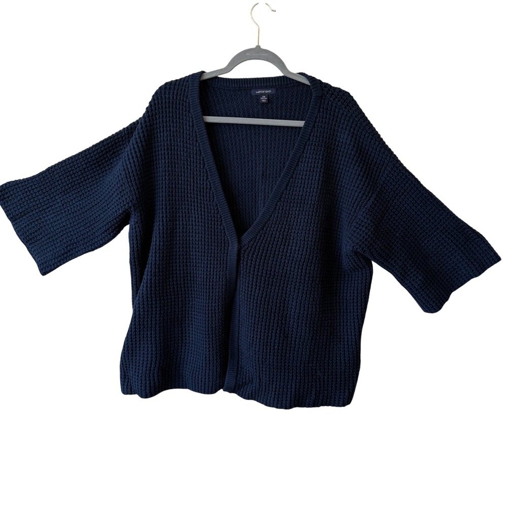 Lands' End Women Cotton Cardigan‎ 2X Navy Waffle Knit 3/4 Sleeve Open Front